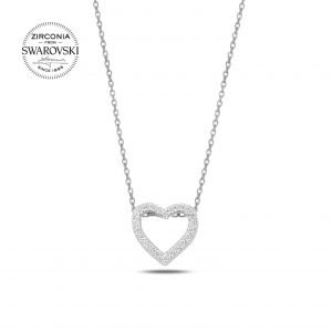 Swarovski Zirconia Taşlı Kalp Gümüş Kolye, Hayalet Kolyeler Rodyum Kaplama 925 ayar gümüştür.