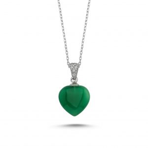 Yeşil Akik Taşlı Kalp Gümüş Kolye, Hayalet Kolyeler Doğal Taş Rodyum Kaplama 925 ayar gümüştür.