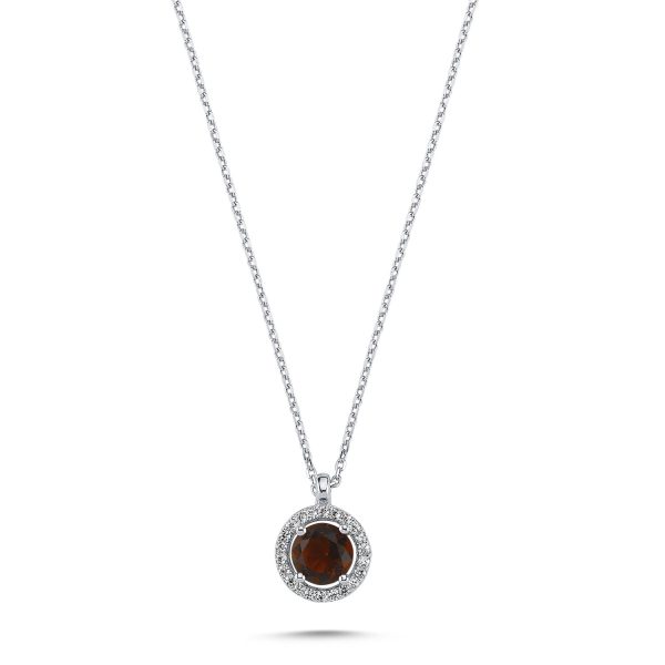 Yuvarlak Garnet Zirkon Taşlı Halo Tektaş Kolye