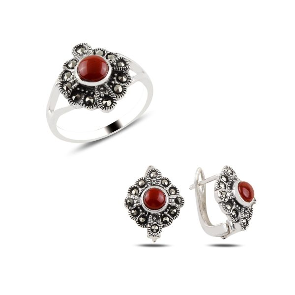 Kırmızı Akik & Markazit Taşlı Set